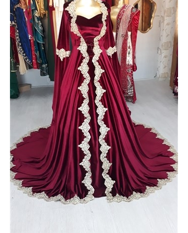 Kiralık Bordo Kadife Altın Renk Dantelli Bindallı 36 - 38 Beden