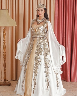 Gold Color Beaded By Hand White Velvet Caftan Enb-131