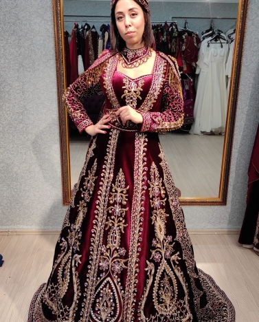 Uzun Kollu Nakış işlemeli Bordo Kaftan HSN UZUNKOL